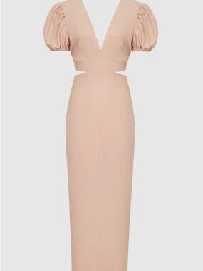 Reiss Jennah Puff Sleeve Cut Out Back Midi Dress in Linen
